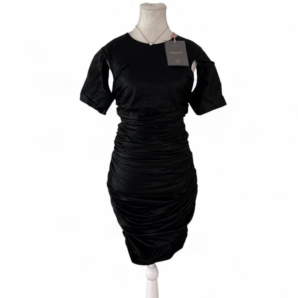 House of CB black ruched mini dress 3/4 sleeves, size M leather black dress NWT